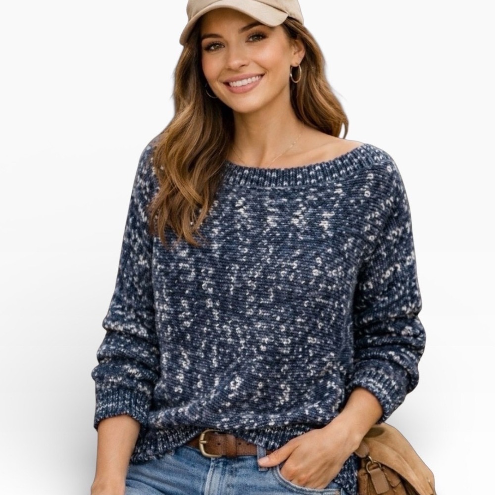 Gap Womens Blue White Marled Chunky Cotton Fisherman Boat Neck Sweater Small